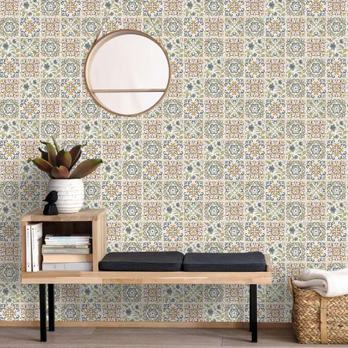 Vista 9 de Wudnaye Papel tapiz bohemio para despegar y pegar, papel de contacto de azulejos de imitación de 17 x 118 pulgadas, patrón de azulejos, extraíble