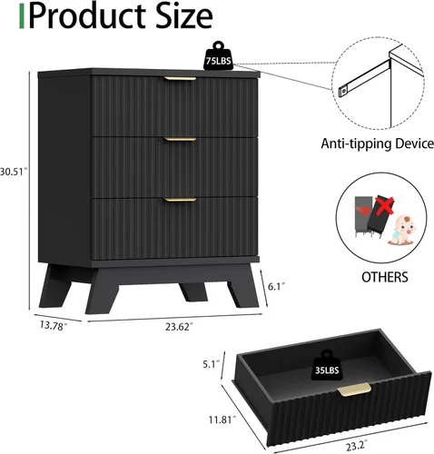 Vista 2 de Cómoda acanalada para dormitorio con 3 cajones, cómoda moderna de 24 pulgadas de ancho con mango de metal, soporte de TV de madera, armario de Negro