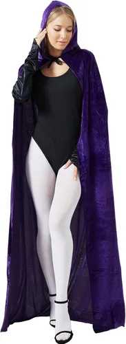 Vista 6 de Shinymoon Women's Halloween Cosplay Costume Purple Bodysuit with Hooded Cloak Velvet Cape Foot Tight Satin Gloves Suits