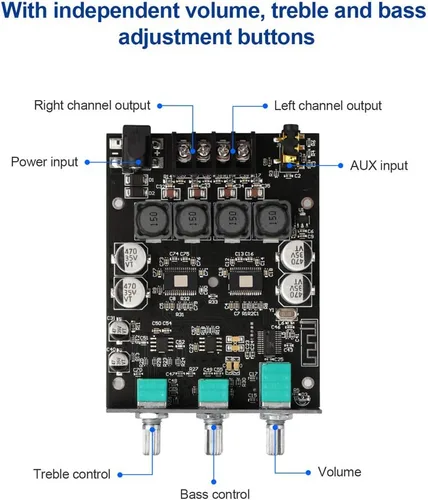 Vista 2 de Placa de Amplificador Bluetooth ARRAROWN ZK-1002T 2.0CH 100W*2 Mini AMP de Audio con Control de Agudos y Graves, Entradas BT y AUX, Módulo de AMP