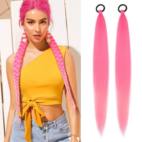 Vista 30 de Paquete de 2 extensiones de cola de caballo trenzada con lazo elástico, lacio, elegante envolvente, extensiones de cola de caballo de 26 pulgadas