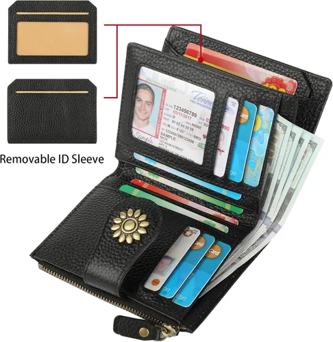 Vista 2 de Lavemi Cartera de piel para mujer, pequeña, compacta, con bloqueo RFID, para tarjetas de crédito, con bolsillo con cremallera