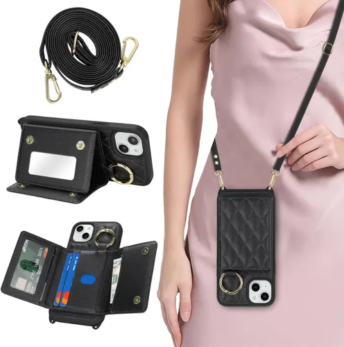 Vista 28 de Funda para iPhone 14 con tarjetero y correa para mujer, cordón cruzado, espejo de maquillaje, soporte de anillo, cierre a presión, bonitas fundas