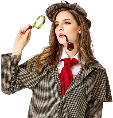 Vista 9 de El juego de disfraz de detective incluye sombrero de detective, anteojos, corbatín, aumento y bigote para niños y adultos, disfraz de Halloween