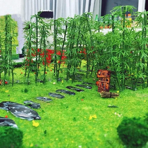 Vista 4 de Woohome - 120 árboles de bambú modelo, 5 tamaños de árboles de bambú de plástico verde para decoración del hogar, paisaje en miniatura, proyecto