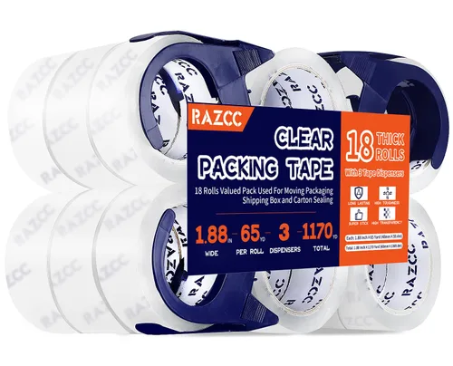 Vista 9 de RAZCC Cinta de embalaje, 12 rollos de cinta de embalaje transparente resistente con dispensadores para embalaje, envío, mudanza y correo, cinta