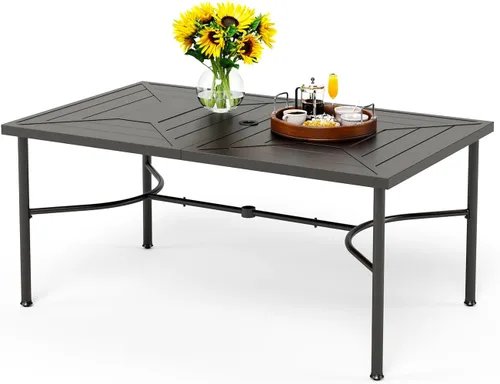 Vista 10 de PHI VILLA Mesa rectangular de comedor con listones de acero metálico para 6 personas con agujero ajustable para paraguas, resistente a la intemperie