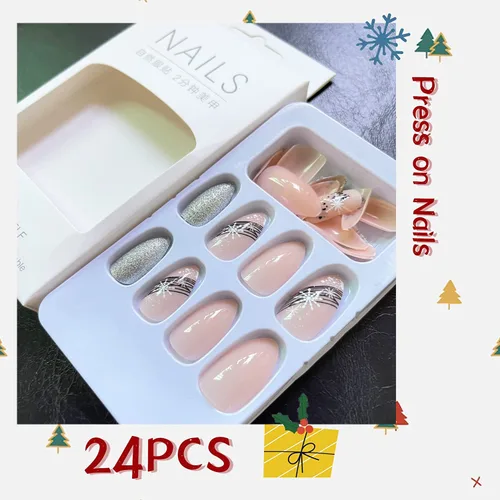 Vista 2 de Uñas postizas a presión con copos de nieve, uñas postizas brillantes de almendra, pegamento de Navidad nude para uñas a presión con copos de nieve