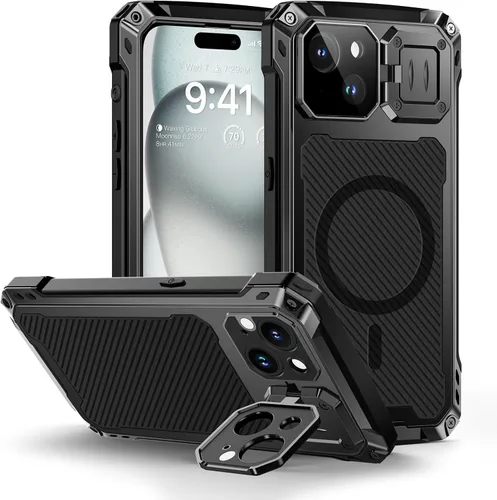 Vista 20 de Lanhiem Funda de metal para iPhone 13 con funda de cámara y soporte [compatible con MagSafe] [Soporte integrado] [Protección de grado militar] Funda