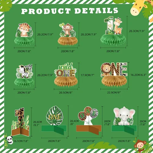 Vista 2 de 10 centros de mesa de panal Wild One, decoraciones de cumpleaños para niños y niñas, centros de mesa de safari para mesas 3D de doble cara para baby