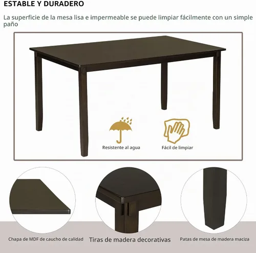 Vista 5 de Juego de mesa de comedor de 6 piezas, mesa de cocina rectangular de madera y 4 sillas de comedor con cojines y 1 banco con cojín, juego de mesa