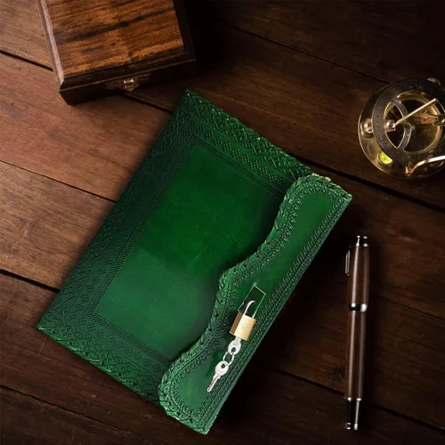 Vista 6 de jaald Diario de cuero de 10 pulgadas con candado, cuaderno en blanco hecho a mano, bloc de notas para hombres y mujeres, papel sin forro, el mejor