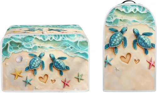 Vista 2 de Talayituse Cubierta de licuadora de tortuga de playa con estampado de corazón de estrella de mar, 2 piezas, fundas para cafetera, fundas