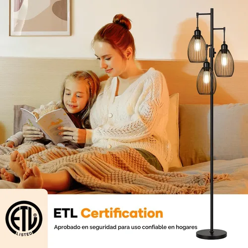 Vista 7 de Lámpara de pie regulable, 3 bombillas LED Edison de 800LM incluidas, lámpara de pie industrial de granja lámpara de árbol de pie con elegante jaula