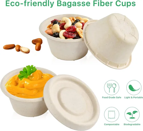 Vista 3 de Paquete de 200 tazas de salsa desechables de 2 onzas, mini tazas de condimento de fibra de bagazo biodegradable con tapas para preparación
