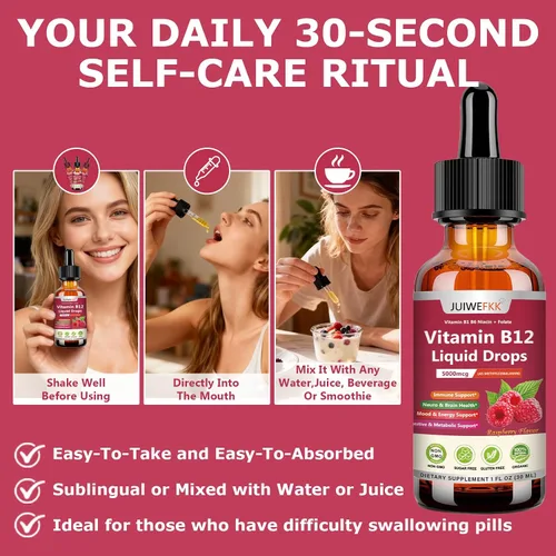 Vista 6 de Vitamina B12 líquida gotas 5000 mcg – Extra Strength B12 Metilcobalamina con B1 B6 B3 Folato Niacina – Absorción rápida Sublingual B-12 Gotas