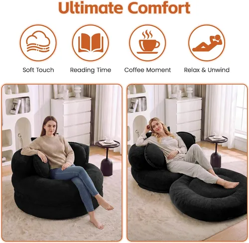 Vista 5 de Boneless Convertible Round Floor Sofa Chair with Expandable Seat, Black