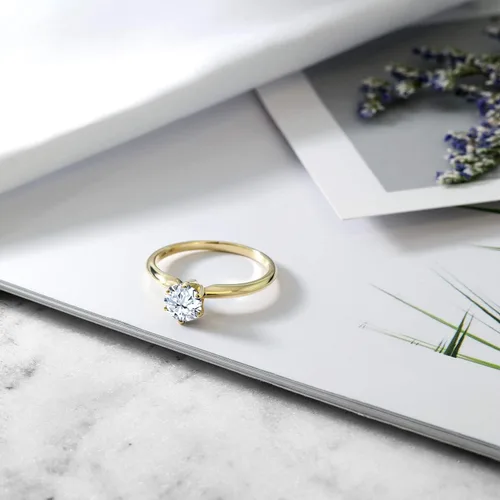 Vista 37 de Anillo de compromiso solitario con piedra preciosa redonda de oro amarillo de 14 quilates de 0.236 in para mujer Ajuste clásico de 6 puntas