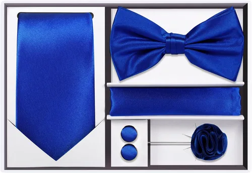 Vista 6 de TIE G 5pcs Tie Set in Gift BOX WHITE OR BLACK Solid Color Necktie, Satin Bow Tie, Pocket Square, Lapel, Cuff Links