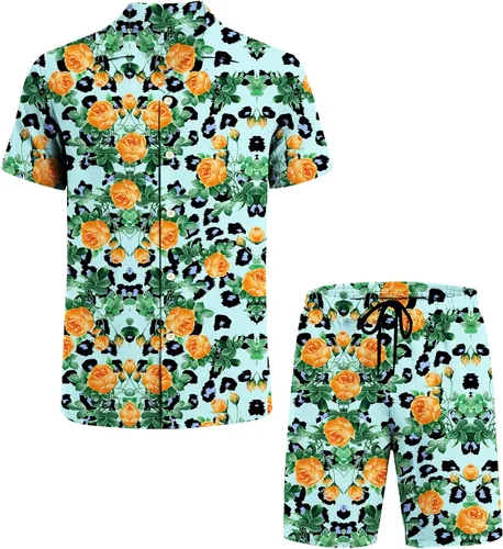 Vista 5 de LUCKYOUNG Conjunto de camisa hawaiana y pantalón corto para hombre, 2 piezas, camisa de manga corta con botones, trajes de vacaciones en la playa