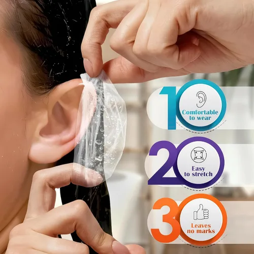 Vista 4 de 100 piezas de cubiertas para los oídos para la ducha - Cubiertas desechables para los oídos para secador de pelo - Fácil de estirar, resistente al