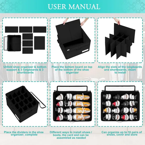 Vista 6 de Luvhomee Organizador de almacenamiento de zapatos, se adapta a 16 pares, caja organizadora de zapatos grande para armario, contenedores plegables