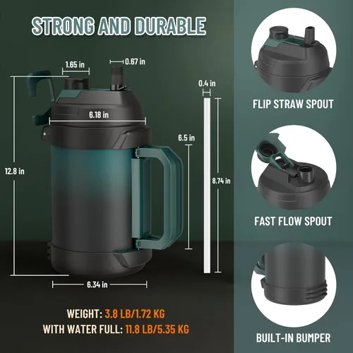 Vista 8 de Zukro Jarra de agua de 1 galón, botella de agua grande con aislamiento de triple pared de un galón con popote y boquilla, mantiene el frío 48 horas