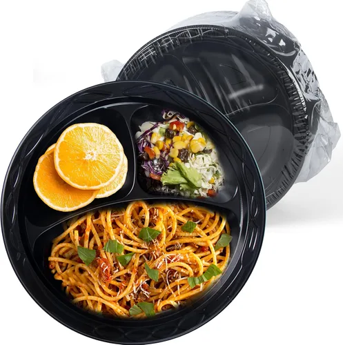 Vista 8 de Paquete de 150 platos desechables negros de 10 pulgadas, envoltura retráctil, listos para usar BPA Free Mineral-PP Microwave Safe Plastic Heavy