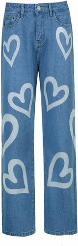 Vista 2 de Heart Print Jeans for Women Fashion Wide Leg High Waist Denim Pants Boyfriend Jeans Loose Fit Vintage Jeans for Teen Girls