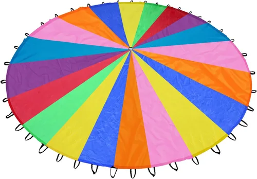 Vista 9 de Paracaídas arcoíris para niños, juguete de paracaídas con asas, juego de paracaídas para niños, cooperación en grupo y actividades al aire libre