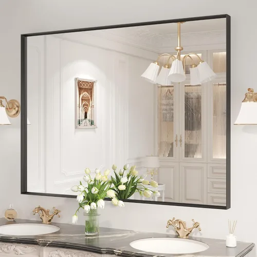 Vista 23 de LOAAO Espejo de Baño de Pared Rectangular Negro de 20"X30", Marco de Aleación de Aluminio Negro Mate, Vidrio Templado, se Cuelga Vertical u