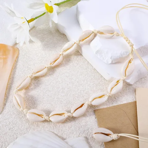 Vista 6 de Juego de collar y pulsera de concha natural para mujer, hecho a mano, gargantilla ajustable con concha natural