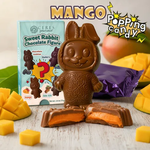 Vista 5 de Ceres Gourmet Surprise Dubai Barra de chocolate, 1 paquete de galletas misteriosas o chocolate de conejo dulce con sabor a mango, arándano