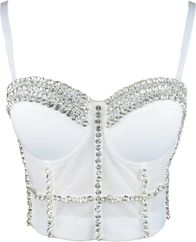 Vista 3 de ELLACCI Top corto de malla con cadena de diamantes blancos para mujer corsé push up con correa desmontable Blanco