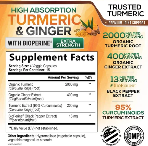 Vista 2 de Suplemento de curcumina de cúrcuma – 2000 mg de cúrcuma orgánica por porción – 95% curcuminoides, jengibre y pimienta negra BioPerine para una mejor