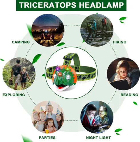 Vista 6 de Triceratops - Linterna frontal LED de dinosaurio para niños, artículos esenciales de equipo de campamento Linterna de cabeza de juguete