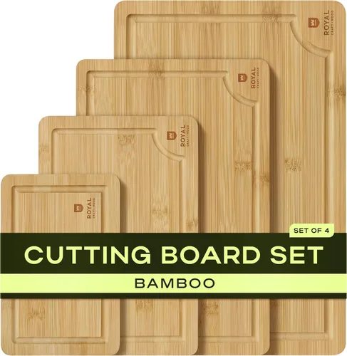 Vista 24 de ROYAL CRAFT WOOD Tablas de cortar de madera para preparar comidas de cocina y servir – Juego de tablas de cortar de bambú no tóxicas con asas Marrón