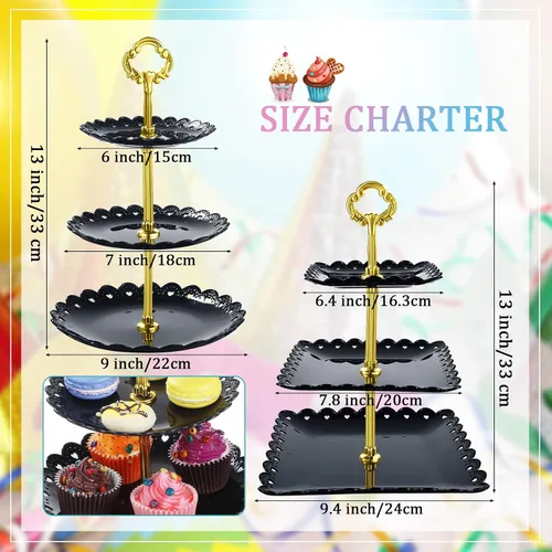 Vista 2 de Honeydak 3 juegos de bandejas de 3 niveles para servir postres de 3 niveles, soporte de postre de boda, soporte de plástico de polipropileno