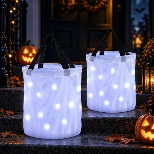 Vista 9 de 2 bolsas de dulces de Halloween con luz LED, bolsas de fiesta de Halloween, multiusos, reutilizables, bolsas para Halloween para dulce o dulce Verde
