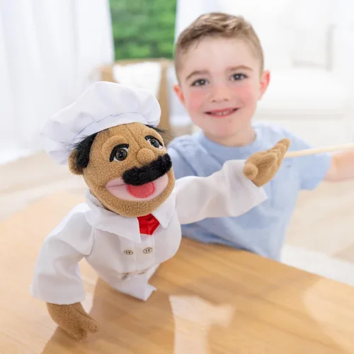 Vista 2 de Melissa & Doug – Marioneta de chef (Al Dente) con varilla de madera desmontable para juego de rol Chef Puppet Pepe