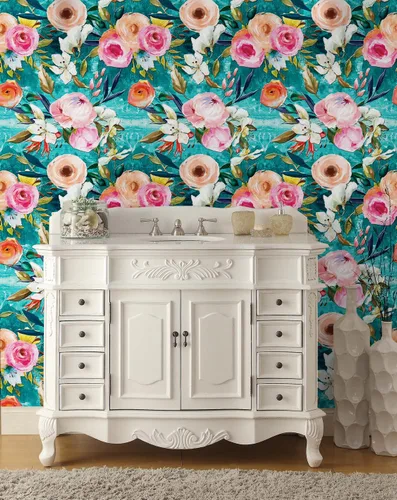Vista 2 de HAOKHOME Papel tapiz floral para despegar y pegar, verde azulado/rosa, extraíble, texturizado, para decoración de dormitorio, guardería, 17.7