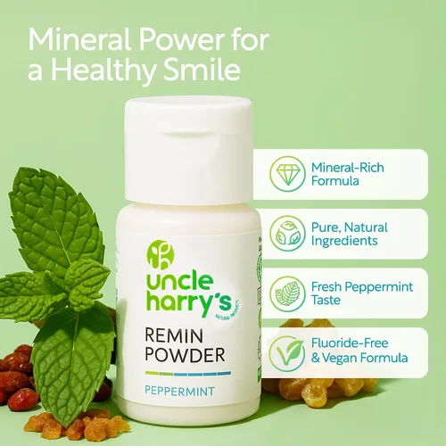 Vista 2 de Uncle Harry's Polvo de dientes de remineralización de menta, sin flúor, vegano, 1 onza