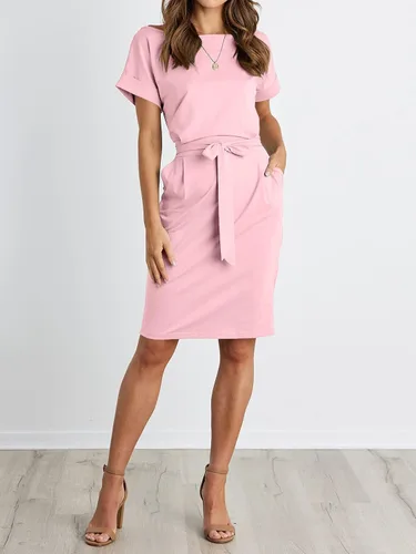 Vista 3 de Prettygarden - Vestido de verano para mujer, manga corta con cuello redondo a rayas, básico de color liso, con lazo en la cintura y con bolsillos