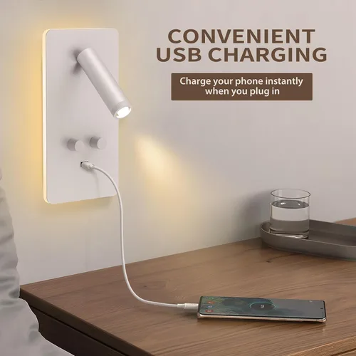 Vista 6 de M04 - Apliques regulables para montaje en pared, luz de lectura, lámpara de noche con puerto USB, enchufable, lámparas de pared con cable duro