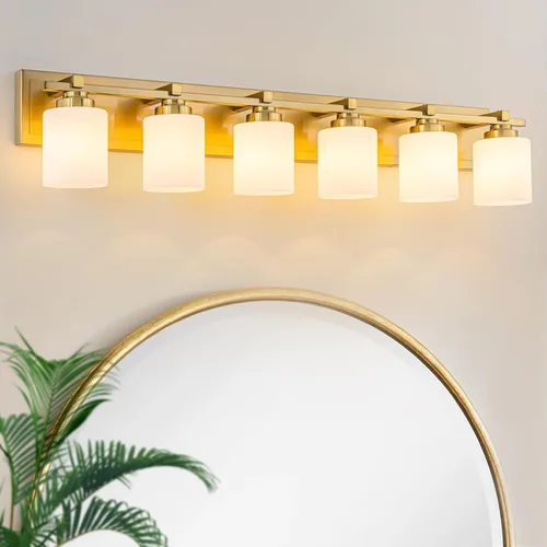 Vista 17 de 1 Luminaria Moderna de Baño sobre Espejo, Luces de Tocador Negro Dorado para Apliques de Pared de Baño con Pantallas de Vidrio Blanco Lechoso