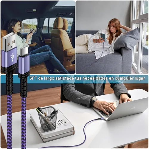 Vista 6 de Cable de carga USB C, cable de alimentación para teléfono y Android
