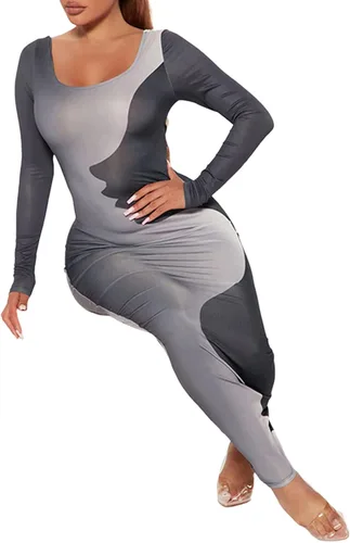 Vista 6 de Vestido largo ajustado de manga larga Y2k con cuello cuadrado para mujer, vestido de cóctel con estampado de cara de retazos