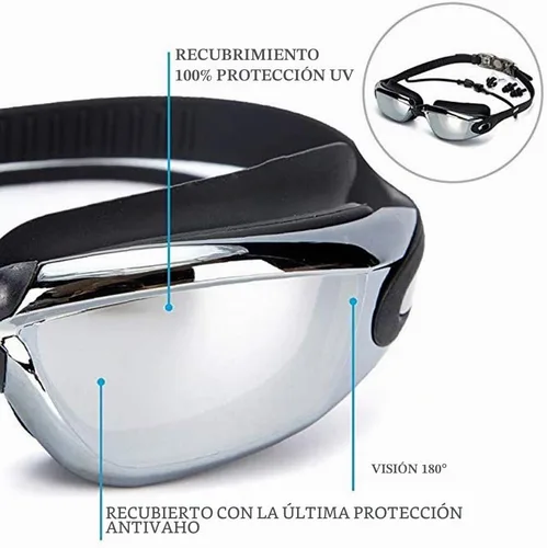 Vista 2 de Gafas de natación impermeables y juego de gorras 4 en 1, lentes de protección UV 400 transparentes antivaho Negro-1