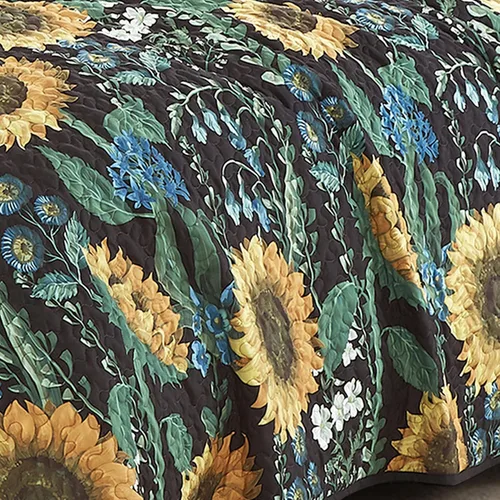 Vista 5 de ESCA - Juego de colcha de 3 piezas, tamaño Queen, con estampado de girasoles amarillos reversible, floral negro y verde