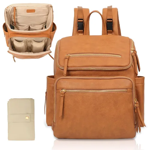 Vista 10 de Omanmoli Bolsa de pañales a cuadros, mochila grande de cuero para pañales con 17 bolsas organizadoras, cambiador, correas para cochecito, 4 Beige
